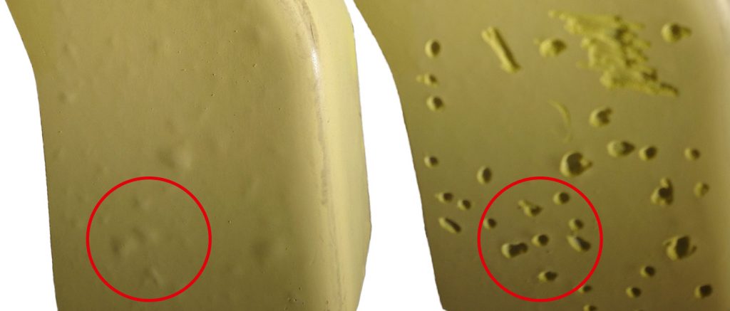 Schadensbild vor Reparatur - man sieht die Blasen und die Luftlöcher nach Öffnung der Blasen